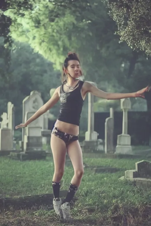 Image similar to egirl doing a shuffle dance in an abandoned graveyard, aesthetic!!! highly symmetric body parts, clean compostion, outdoor lighting