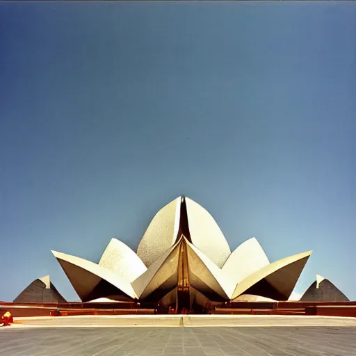 Image similar to futuristic pyramid lotus temple space station with gold, red and white marble panels, by buckminster fuller and syd mead, intricate contemporary architecture, photo journalism, photography, cinematic, national geographic photoshoot