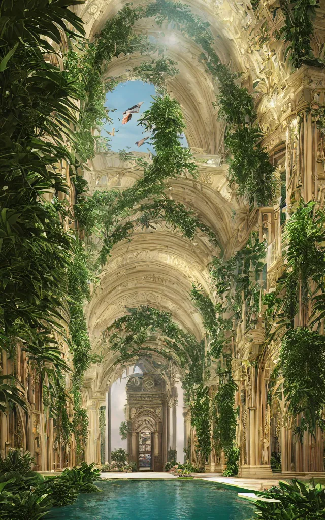 Image similar to cathedral interior with koi pond in the middle surrounded by palm trees, ivy, flowers, tropical plants, roses, and with archways, rendered in octane render with photorealistic lighting, cinematic, horizontal symmetry, a flemish baroque by thomas cole, unsplash, baroque, sanctuary, unsplash contest winner, maximalism, sanctuary