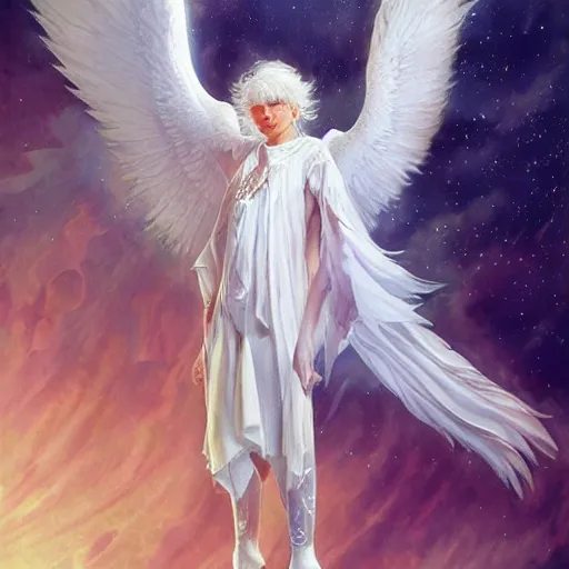 Prompt: harmony of white haired angel yoongi wearing greek clothes, muted colors, sparkles everywhere, big wings, dynamic hair movement, dynamic pose, holographic space, glowing effect, j. c leyendecker, by alan lee, wlop! illustrated by starember, fantasy art by craig mullins