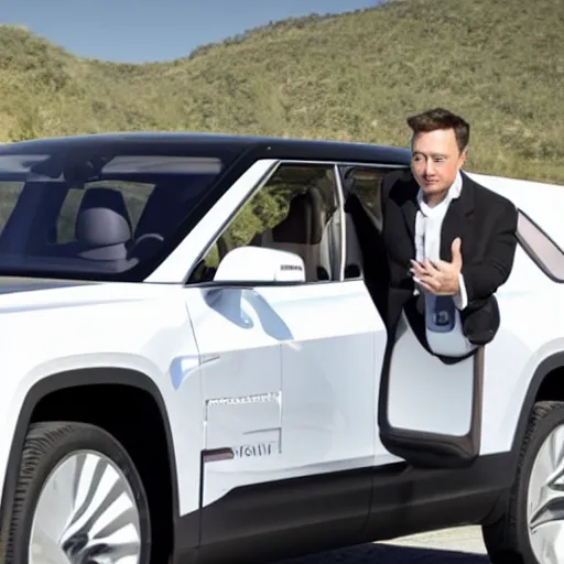 Image similar to Elon Musk waving out the driver's side window of a Rivian