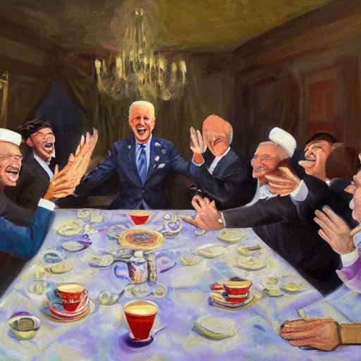 Image similar to a painting of joe biden laugh in tea party with taliban, ultra detailed content : face, gesture, body, mimic. random position content, frontal realistic, sharp focus, intricate, dynamic composition, rgb colors, remove duplicate contents.