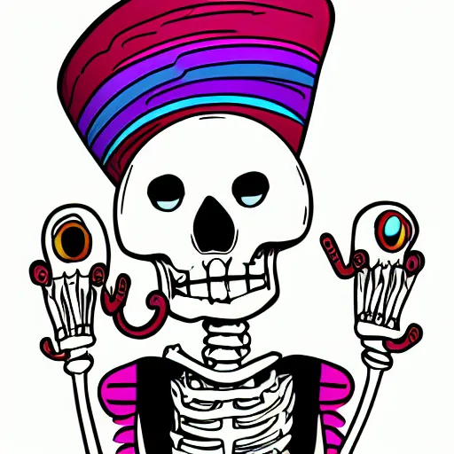 Prompt: cartoon skeleton in a tophat, colorful, pastel, sticker, cartoon, digital art, clean lines,