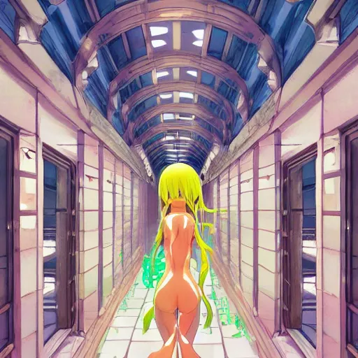 Image similar to an acidic beautiful slimegirl woman in a bright white hallway with many doors and many stairs, Mc Escher architecture, epic composition, by Makoto Shinkai