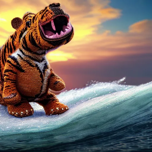 Image similar to a closeup photorealistic photograph of a cute smiling knitted tiger hippopotamus riding a wave at sunset. surf in background. professional capture. brightly lit scene. this 4 k hd image is trending on artstation, featured on behance, well - rendered, extra crisp, features intricate detail, epic composition and the style of unreal engine.