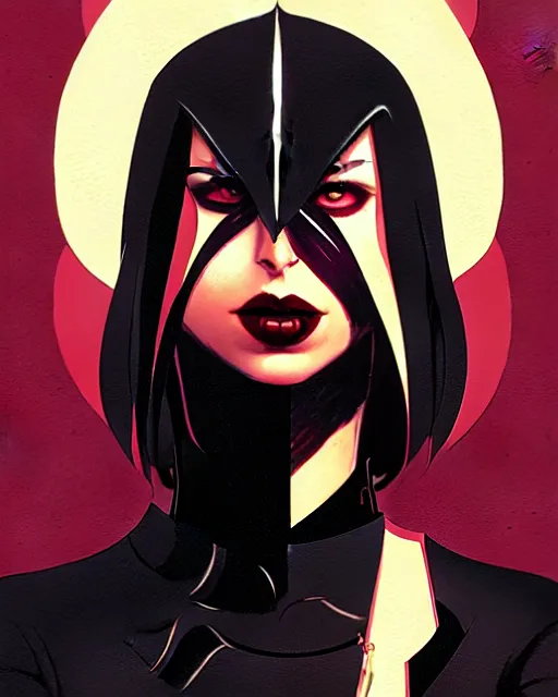 Image similar to rafael albuquerque comic art, peter mohrbacher, phil noto, steve niles, artgerm, pretty willa holland vampire sharp vampire teeth open mouth, symmetrical eyes, black leather jacket, jeans, long black hair