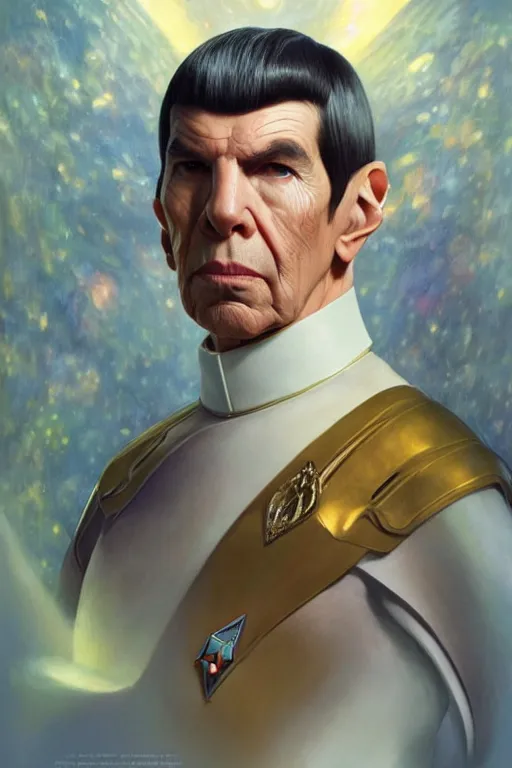 Image similar to photorealistic portrait photograph of spock as a glorious regal space king, sleek outfit, upper body, fantasy, handsome, depth of field, soft focus, highly detailed, intricate, realistic, national geographic cover, soft glow, textured, artstation, concept art, sharp focus, illustration, art by artgerm and greg rutkowski and alphonse mucha