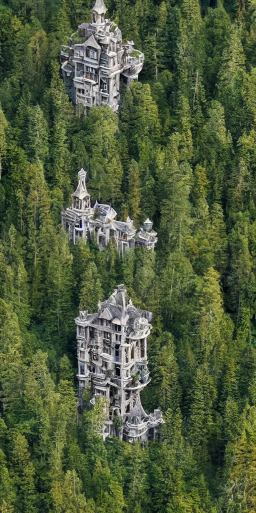 Image similar to A fantasy Palace towering high above the trees in a deep valley surrounded by mountains, 4k