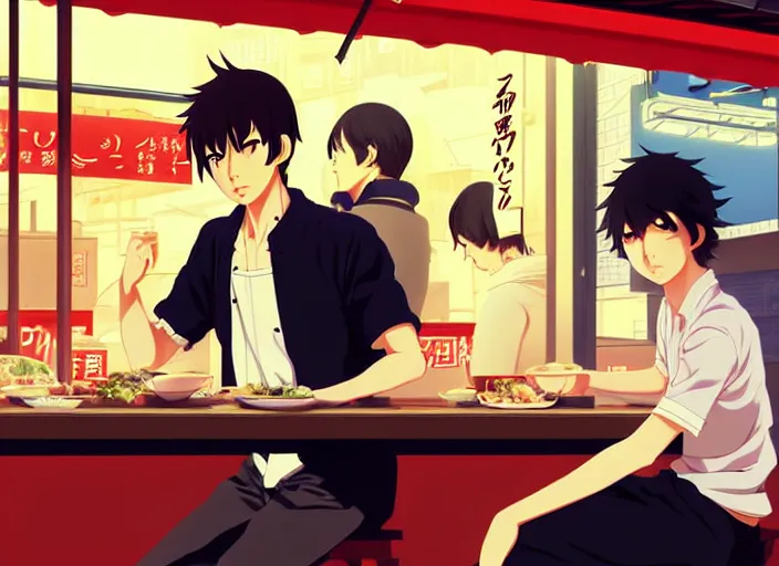 Image similar to anime visual, full body illustration a young man having lunch at a ramen stall at midnight, handsome face by ilya kuvshinov, yoshinari yoh, makoto shinkai, katsura masakazu, dynamic perspective pose, detailed facial features, kyoani, rounded eyes, crisp and sharp, cel shad, anime poster, ambient light,