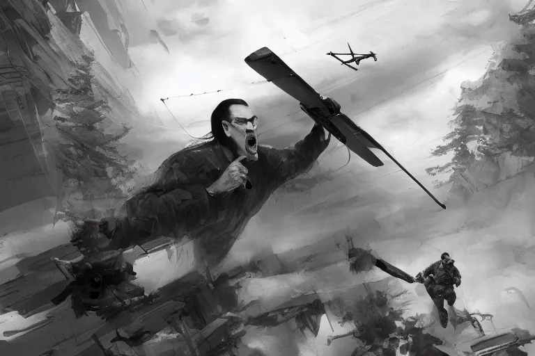 Image similar to pencil sketch of steven seagal being chased by a drone, digital painting, artstation, concept art, smooth, sharp focus, illustration, whimsical background by marc simonetti, artwork by liam wong, patriotic, detailed