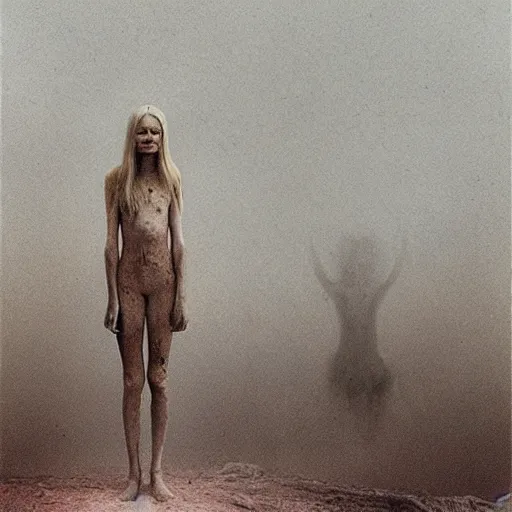 Prompt: elle fanning in prey in style of zdzisław beksinski, standing in wasteland, horror art, creepy, desolate,