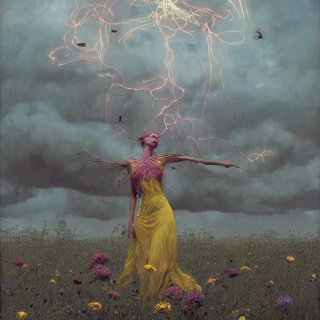 Image similar to A woman wearing clothes made out of thunder clouds and flowers, people floating in the sky, apocalypse, yellow skin, Masterpiece, glowing, wires everywhere, by Edgar Maxence and Ross Tran, Zdzisław Beksiński, and Michael Whelan, distant, gustav dore, H.R. Giger, 8k, octane render