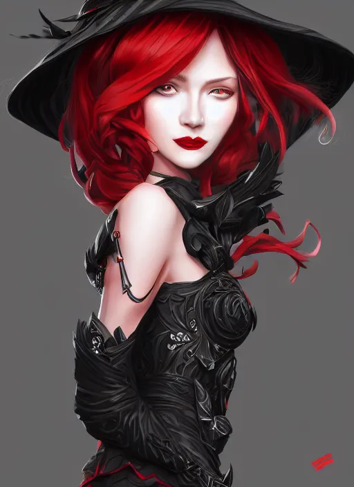 Image similar to a highly detailed illustration of red haired lady wearing black noir dress and black sun hat, dramatic smile pose, intricate, elegant, highly detailed, centered, digital painting, artstation, concept art, smooth, sharp focus, league of legends concept art, wlop.