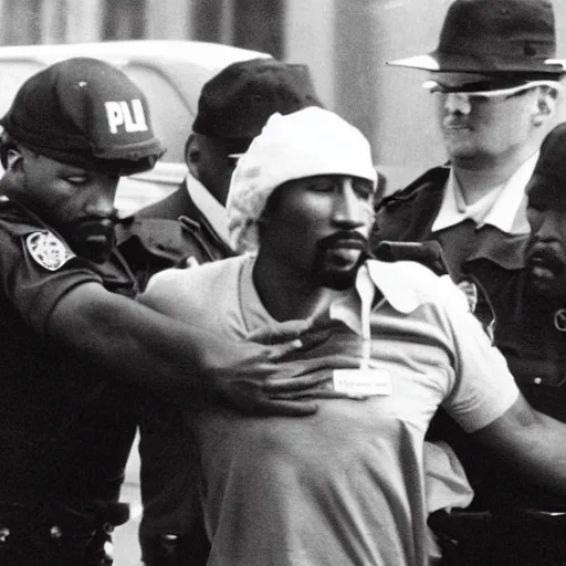 Prompt: photo of 2 pac getting arrested by the police.