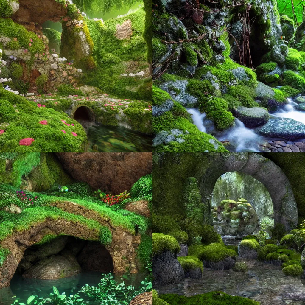 Prompt: Very Beautiful Stone Grotto overgrown with moss and flowers. Water flows along the walls of the cave. Photorealism. High detail. artstation trends. Wow. 4k.