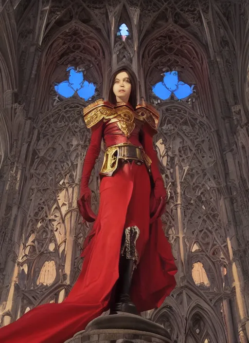 Image similar to A Full View of a Red Wizard wearing a robe and ornate armor in front of a gothic tower. masterpiece 4k digital illustration by Ruan Jia and Mandy Jurgens and Artgerm and greg rutkowski and Alexander Tsaruk and WLOP and william-adolphe bouguereau, award winning, Artstation, art nouveau aesthetic, Alphonse Mucha background, intricate details, realistic, panoramic view, Hyperdetailed, 8k resolution, intricate art nouveau