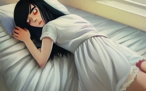 Prompt: little girl with long black hair dressed in a simple white dress laying down on an bed, anime art style, digital art by ilya kuvshinov, inspired by balthus, hd, 4 k, hyper detailed, rear view