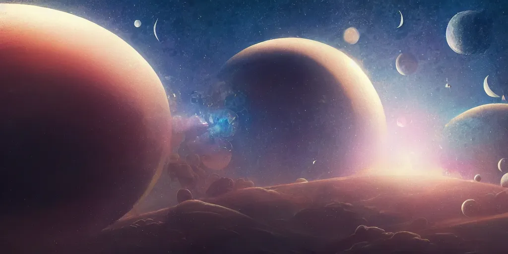 Image similar to fantasy painting of a planet with many moons in the sky, intricate abstract. delicate artwork. by tooth wu, wlop, beeple, dan mumford. octane render, trending on artstation, greg rutkowski very coherent symmetrical artwork. cinematic, hyper realism, high detail, octane render, 8 k, depth of field, bokeh. chrome accents.