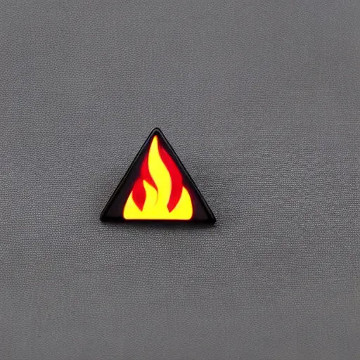 Prompt: a triangle enamel pin of a retro fire flames warning label, smooth curves