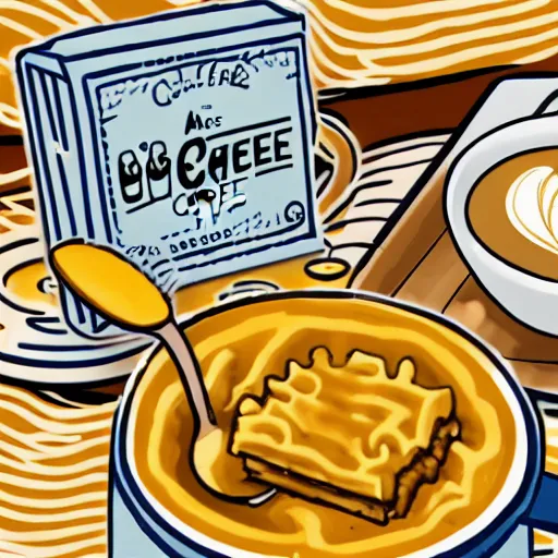 Prompt: a hand drawn illustration of a box of mac and cheese holding a cup coffee