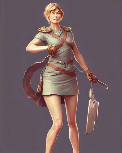 Image similar to full body character concept art of rosamund pike | | distinct - fine, key visual, realistic shaded perfect face, fine details by stanley artgerm lau, wlop, rossdraws, james jean, andrei riabovitchev, marc simonetti, sakimichan, and jakub rebelka, trending on artstation