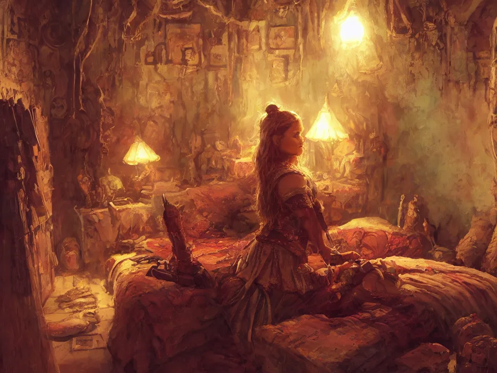 Prompt: a young dwarven noblewoman on her bedroom at night, cozy comfortable atmosphere, soft bed and pillows, blonde braided hair, chubby plump figure. Fantasy art. Beautiful painting by James Gurney, and ralph horsley. ArtstationHQ. painting with Vivid color. d&d, lord of the rings, dragon age