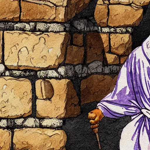 Image similar to award winning cinematic still of 40 year old Mediterranean skinned man in ancient Canaanite clothing building a broken wall in Jerusalem, ink and color watercolor in the style of a 2022 modern illustration