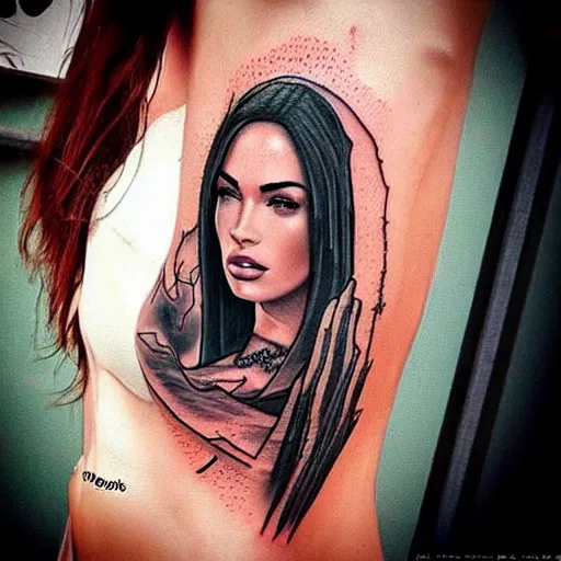 Image similar to tattoo design sketch of megan fox mash up effect with beautiful mountain scenery, in the style of matteo pasqualin, amazing detail