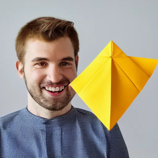 Image similar to a 2 d flat paper origami portrait of a caucasian man with wavey short hair, made from paper, friedly smile, raised eyebrows, great composition, ambient light