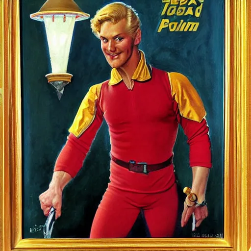 Image similar to a portrait painting of Flash Gordon. Painted by Norman Rockwell