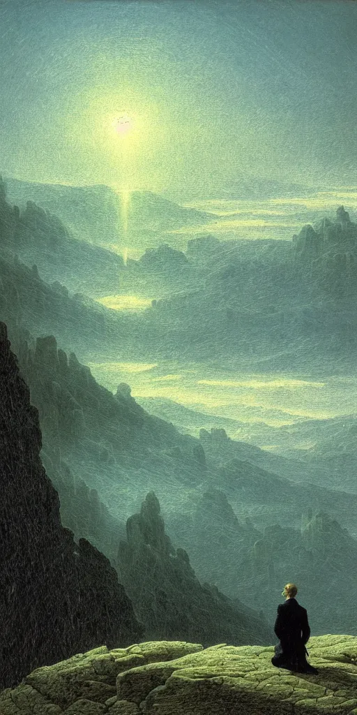 Image similar to small male figure in epic foggy mountainscape, expansive view, dozens of thin glowing straight lines extend from ground into the sky, by Caspar David friedrich