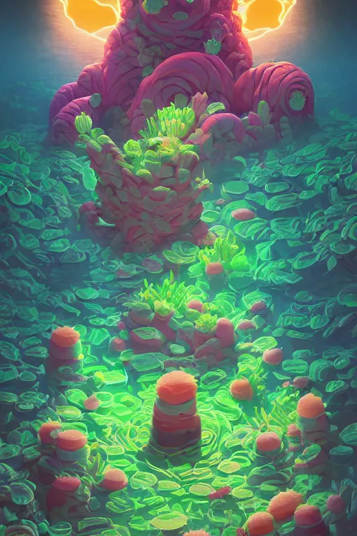 Image similar to roots cactus sushi cristal smurf ghost creature animal sushi cristal very big eye roots cactus elemental flush of force nature micro world fluo fishscale, behance hd by jesper ejsing, by rhads, makoto shinkai and lois van baarle, ilya kuvshinov, rossdraws radiating a glowing aura global illumination ray tracing hdr