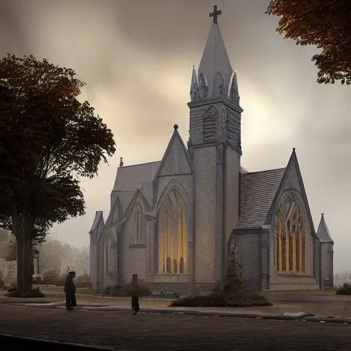 Image similar to victorian church in the middle of the city, dark, misty, at night, 8 k, detailed, concept art, trending on artstation