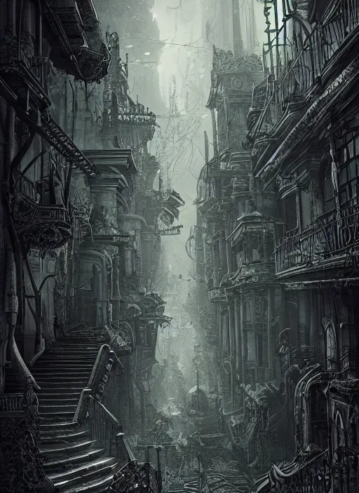 Prompt: a photorealistic dramatic hyperrealistic eerie render of exploring lost city streets by joe fenton, color poster art design, intricate details, beautiful dynamic dramatic dark moody tones and lighting, shadows, cinematic atmosphere, octane render, 8 k