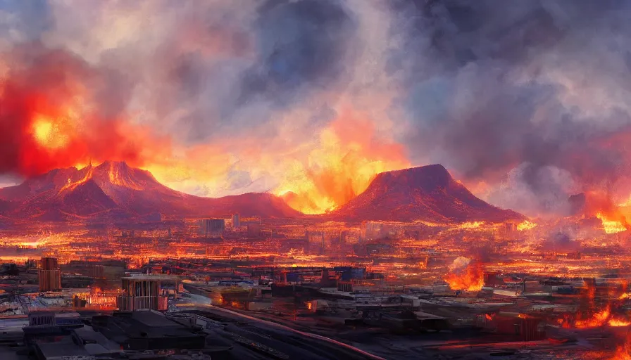 Prompt: Digital painting of Las Vegas on fire destroyed by a nuclear explosion, wide angle, volumetric light, hyperdetailed, artstation, cgsociety, 8k