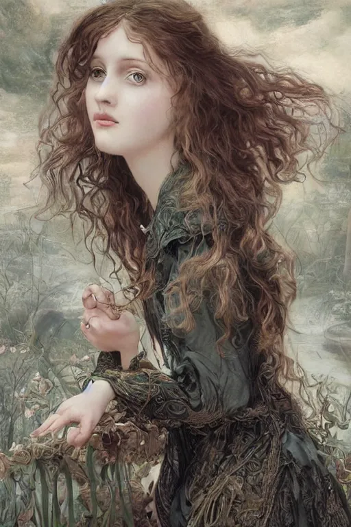 Image similar to An extremely beautiful pre-raphaelite portrait of a very beautiful and cute witch, surreal, ultradetailed, intricate, elegant, digital art painting, concept art, smooth, sharp focus, poster art, art cover illustration, regal, award winning picture, extremely detailed masterpiece, sense of awe, featured on artstation, Artgerm, effervescent punk kawaii-noir pastel bubbles, winning award piece, ethereal rainbows, Aetherpunk, low-key neon lightning, stormy weather, Exquisite details, 8K detail post-processing, matte, oil painting