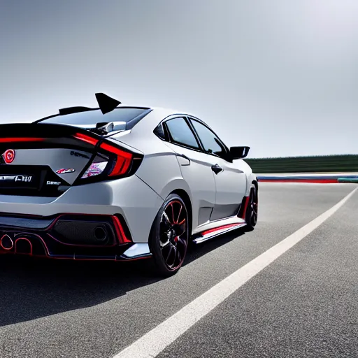 Prompt: 2 0 2 0 civic coupe type r from behind, carbon fiber wing spoiler