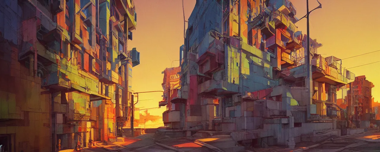 Image similar to An oilpainting of neo brutralism, concrete housing, a long stairway up, concept art, colorful, vivid colors, sunrise, warm colors, light, strong shadows, reflections, cinematic, 3D, in the style of Akihiko Yoshida and Edward Hopper