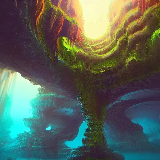 Prompt: lush alien underwater landscape, lush alien underwater pillars, lush alien underwater canyon landscape, Christian Cline, Alex Ries, digital art