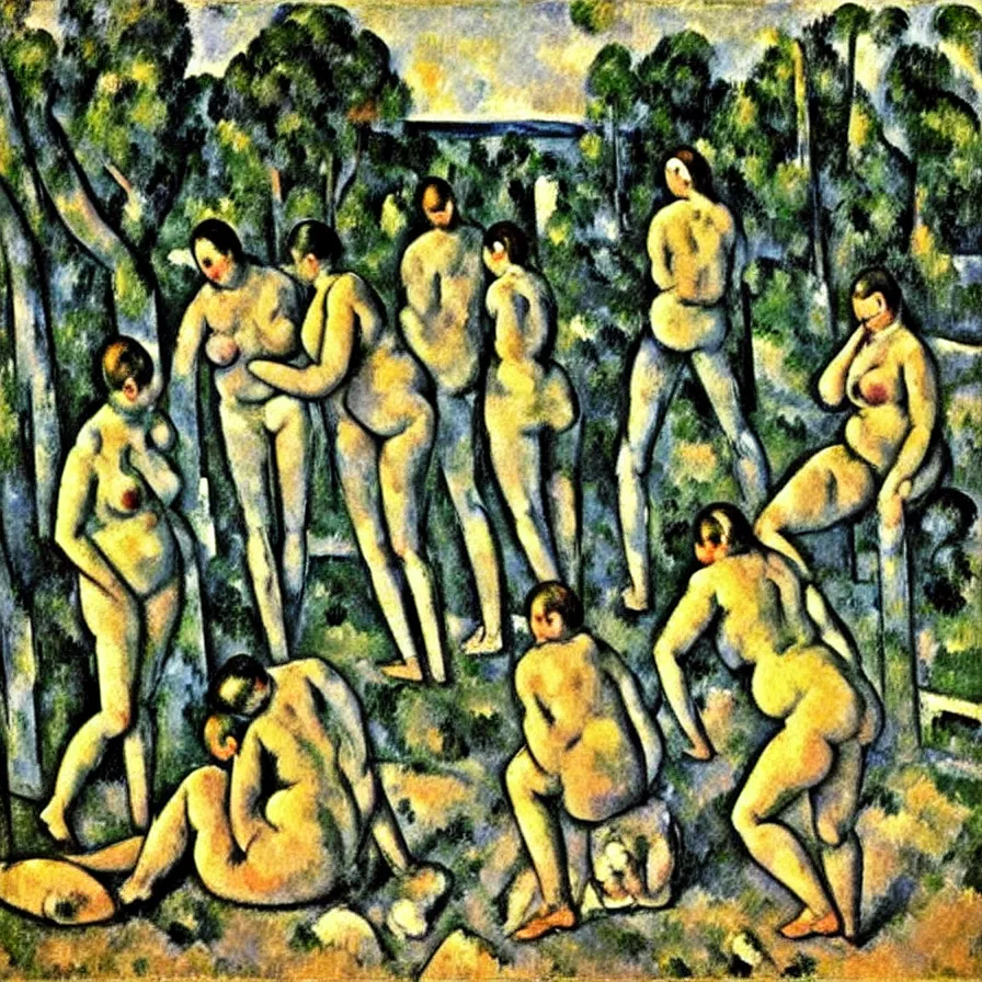 Prompt: the bathers with kangaroo. a oil painting by paul cezanne