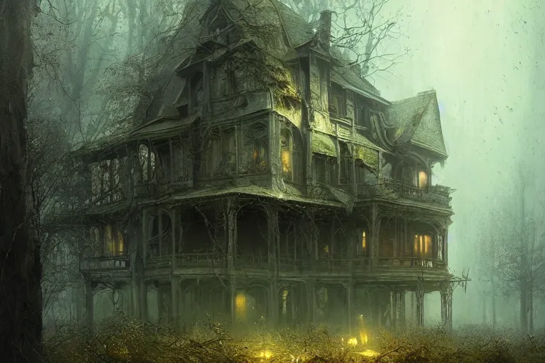 Prompt: [ haunted house ] stands in the middle of a tumultuously overgrown forest trending on artstation cgsociety contest winner award winning 4 k intricate detailed golden ratio!! by greg rutkowski and gaston bussiere dark gloomy atmosphere artstation hd artstation landscape