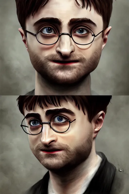 Image similar to mrpotatohead mixed with daniel radcliffe, artgem, digital painting, color painting, hyperrealistic, concept art, oil painting, masterpiece, concept art, trending on deviantart, realistic and detailed face, highly detailed, high quality, 8 k, soft lighting, fancy colors, fantasy, cinematic, high coherence