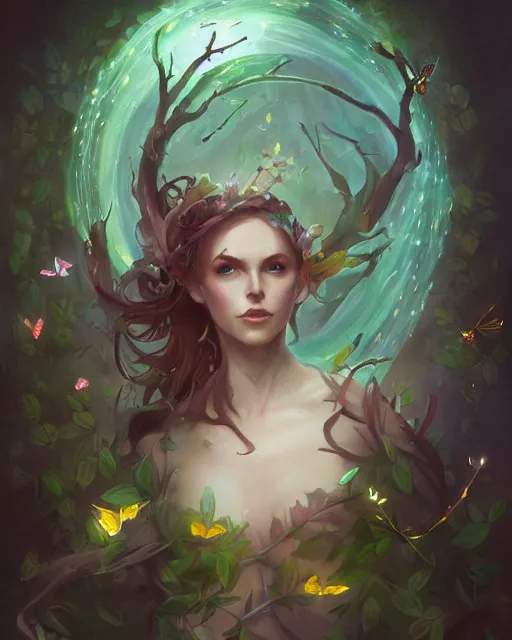 Female Druid Fantasy Portrait, Entwined Leaf Skeleton, 