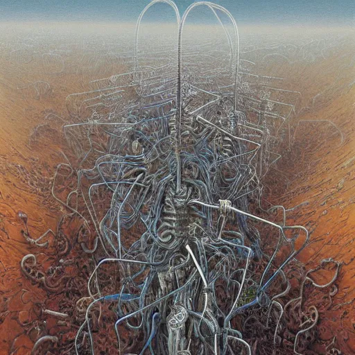Prompt: hell being turned into paperclips, cosmic horror, biopunk, highly detailed, oil on canvas, zdzisław beksinski, marco mazzoni, peter gric