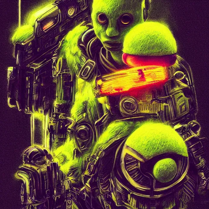 Prompt: cinematic portrait of a cute tennis ball monster, cyberpunk, bladerunner, chalk, masterpiece, trending on artstation, featured on pixiv, cinematic composition, dramatic pose, beautiful lighting, sharp details, hyper - detailed, hd, hdr, 4 k, 8 k, art by basil gogos