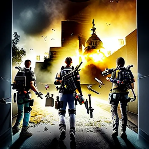 Image similar to the division 2 poster set in an apocalyptic los angeles, agent standing with a gun in the foreground, cinematic, 4 k