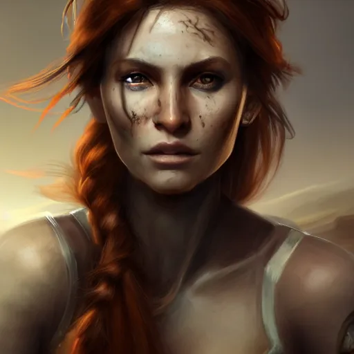 Prompt: fantasy concept art, frontal portrait of a young woman, auburn hair in a ponytail, athletic, slavic features, clean face, serious demeanor, tomb raider, desert background, in the style of ruan jia, high detail, uplit, 8 k