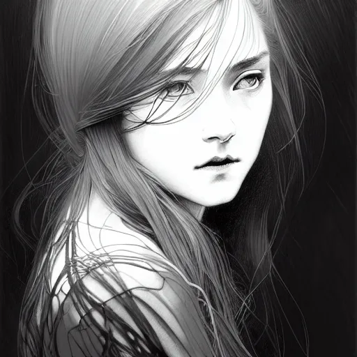 Image similar to black and white pen and ink sketch of a scottish teenage girl with dark blonde hair, glowing skin, intelligent face, fantasy, intricate, elegant, dress shirt, highly detailed, digital painting, artstation, concept art, smooth, sharp focus, illustration, art by Krenz Cushart and Artem Demura and alphonse mucha