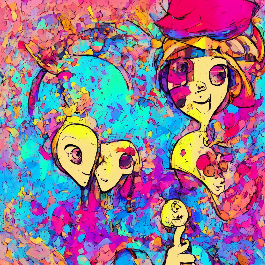 Prompt: wide angle, a girl with mushroom as a head, vibrant colours, in a style of gashi - gashi, r - mk, urban - centre, re - sublimity - kun, sharp focus, digital painting