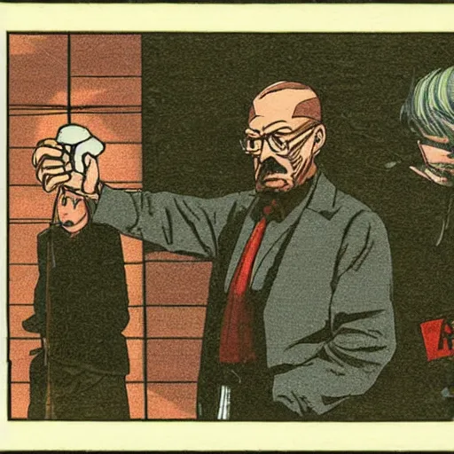 Prompt: by akio watanabe, manga art, Walter White doing the Griddy, dark festival, trading card front